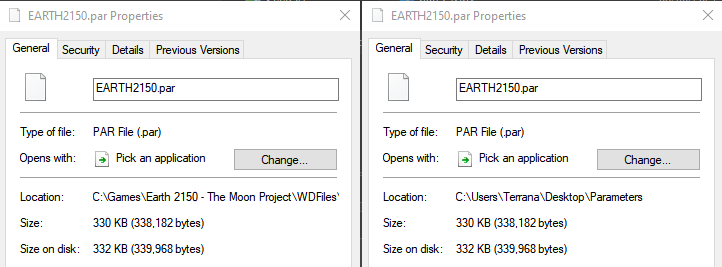 Two Windows file properties boxes side by side. They both show a filename of EARTH2150.par, different locations, and sizes of 338,182 bytes.
