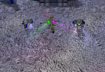 Flying tripod thingy with three lights; one red, one purple, one green